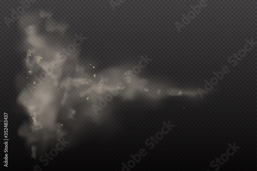 3d Yellow and Browon Dust on Vector Dark Transparent Background. Dust Dirty Cloud Particles in the Air pollution and Smoke Gog. Explosion clouds in City Smog, Polluted and Dirty Air