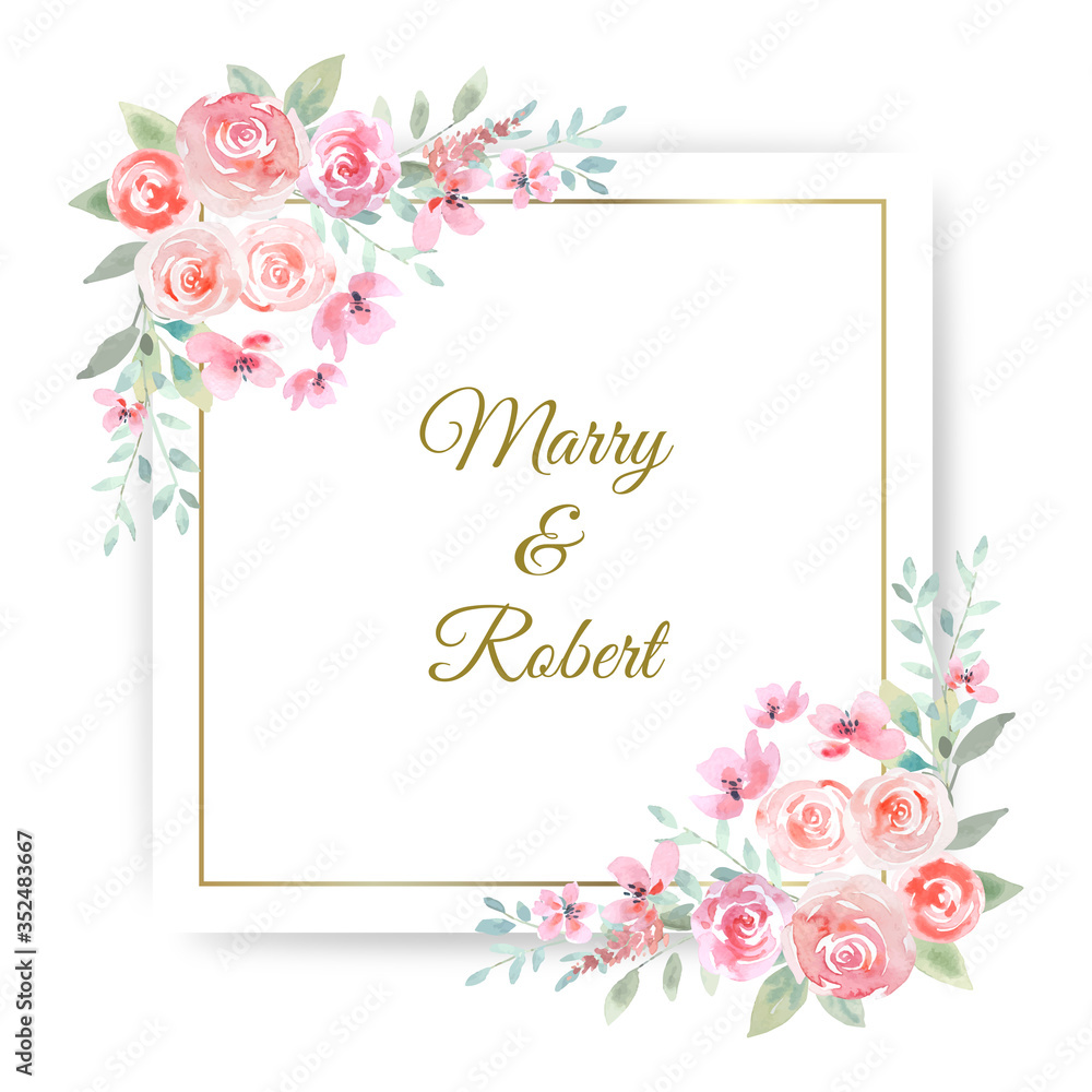Water color rose with green leaf bouquet in botanical loose style on top and bottom corner, white background illustration vector. Suitable for Valentine's day and wedding design elements. Water color rose with green leaf bouquet in botanical loose style on top and bottom corner, white background illustration vector. Suitable for Valentine's day and wedding design elements.