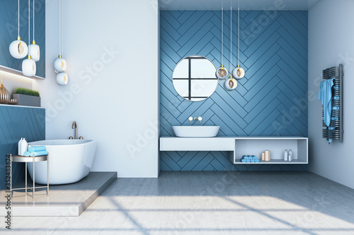 Tableau sur toile Modern blue bathroom interior with bath and decorative objects
