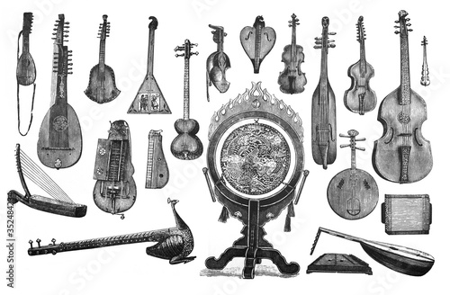 Fotografie Antique stringed and percussion musical instruments / Antique engraved illustrat