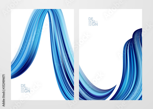 Set of two blank backgrounds with 3d twisted blue color flow liquid shape.