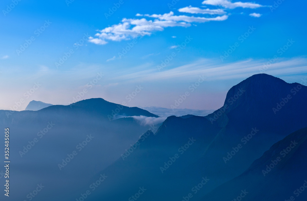 Western Ghat range of mountain view on sunrise from Top Station view point near Munnar, Kerala, South India