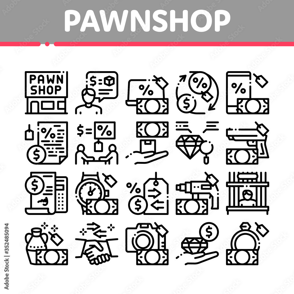 Pawnshop Exchange Collection Icons Set Vector. Pawnshop Building And Handshake, Laptop And Phone, Photo Camera And Jewelry Stone Concept Linear Pictograms. Monochrome Contour Illustrations