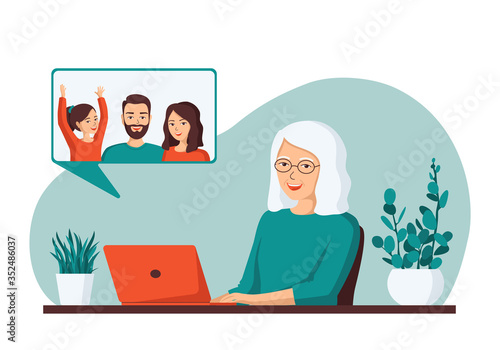 Elderly gray-haired woman makes video calls to her children.Mother communicates with her daughter ,son, granddaughter using a laptop.Concept old senior uses modern technology. Flat vector illustration