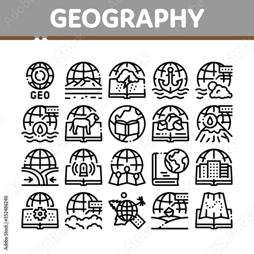 Geography Education Collection Icons Set Vector. History And Urban Geography, Climatology And Oceanology, Meteorology And Hydrology Concept Linear Pictograms. Monochrome Contour Illustrations