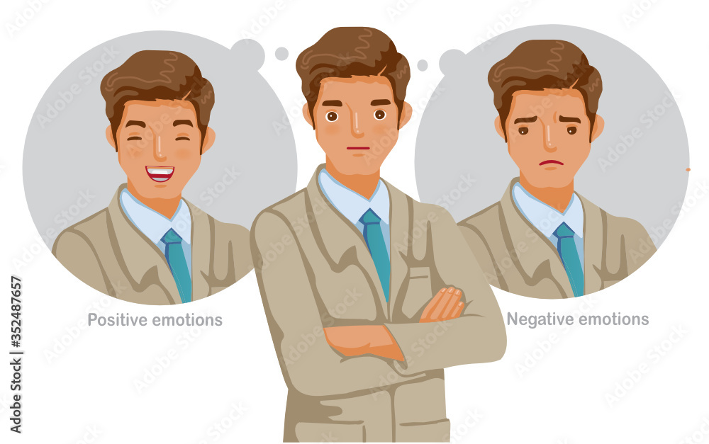Mental health concept vector for man. Feelings, emotions, and gestures in the opposite state. Mental health problems, normal conditions, stress and relaxation conditions, suffering and happiness. Mental health concept vector for man. Feelings, emotions, and gestures in the opposite state. Mental health problems, normal conditions, stress and relaxation conditions, suffering and happiness.