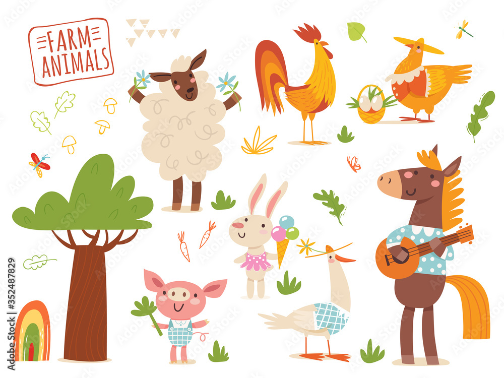Set of funny hand drawn farm country animals.