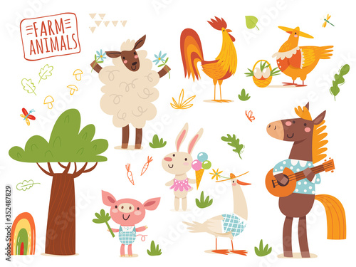 Set of funny hand drawn farm country animals.