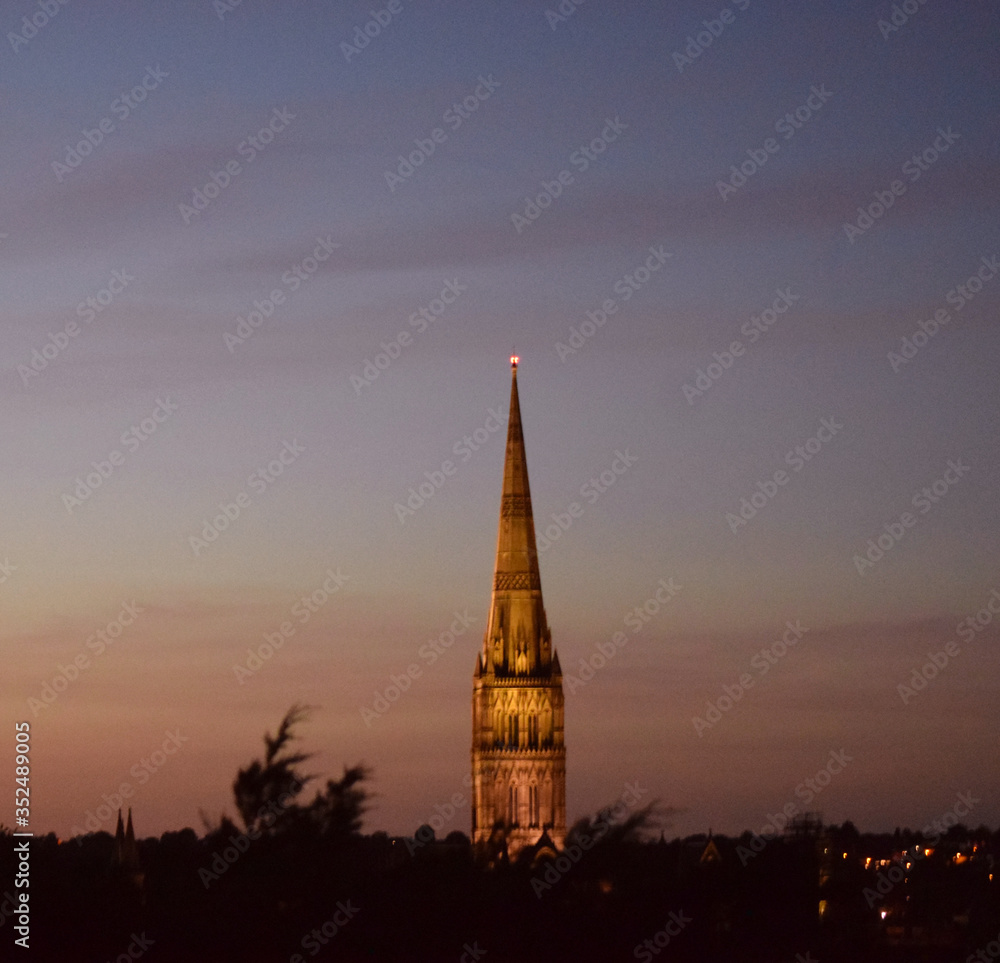 the salsibury cathedral in the sunset 