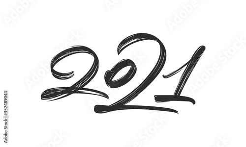 Handwritten brush ink lettering of 2021. Happy New Year. Chines calligraphy
