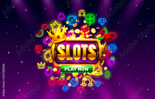 Casino slots neon icons, golden slot sign machine, night Vegas.