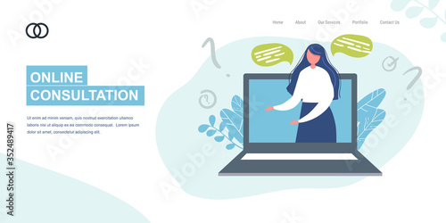 Landing Page, banner. operator on laptop screen flat vector illustration on blue background. girl on laptop answers question. consulting, job online, internet. Call center. help. online consultant © dulya