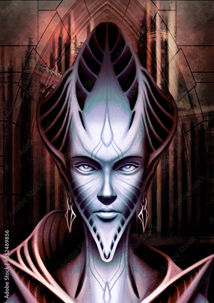 Fantasy character close up, alien, space elf woman, humanoid, with an ...