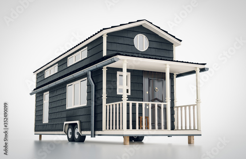 Concept of a mobile scandinavian tiny house isolated on white background. 3d rendering.