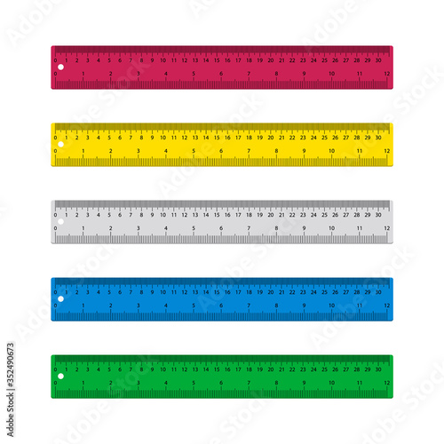 Ruler for school. Plastic ruler isolated on white background. Scale with of centimeter, millimeter metric. Measure rule with inch, cm, mm. Wooden, metal graphic length. Tape meter for drawing. Vector