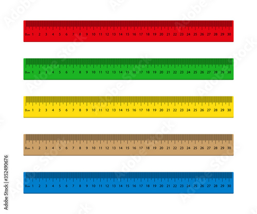 Ruler with measure of inch, mm, cm. Wooden, metal scale with metric for school. Stationery for class desk. Red, blue, green tape meter for geometry, education. Centimeter, millimeter distance. Vector