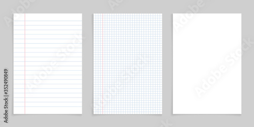 Paper notebook for note. White sheet with lines and grid for school. Blank pages isolated on gray background. Letter for office, college. Realistic template for message. Notepad for memo. Vector