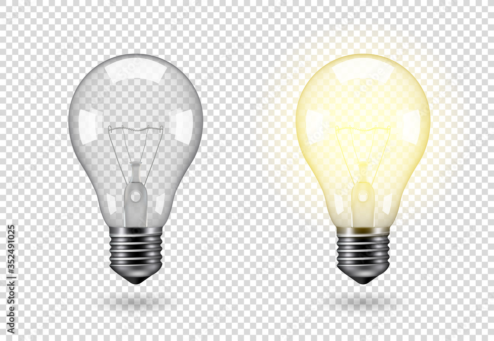 Isolated light bulb, vector object on a transparent background, the effect of light and glow. Realistic 3d object, symbol of creativity and ideas. Concept for business or startup.