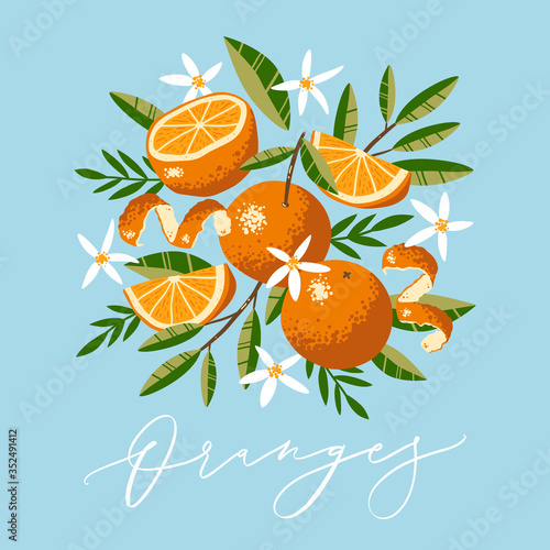Vector greeting card design with Oranges, Flowers and Leaves in hand drawn style with vector calligraphy text. 