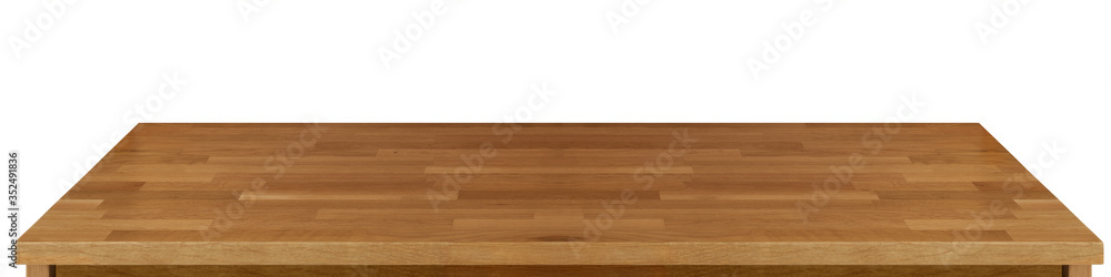 Perspective view of empty massive wood or wooden table top isolated on white background including clipping path Perspective view of empty massive wood or wooden table top isolated on white background including clipping path