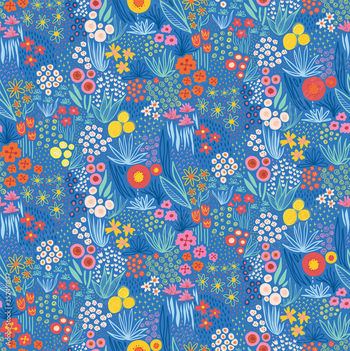 Flower meadow seamless vector pattern blue. Repeating doodle flowers background half drop repeat. Scandinavian style florals. Use for fabric, wallpaper, home decor, spring and summer decor