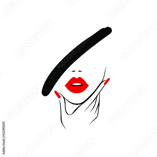Beautiful sexy face, red lips, hand with red manicure nails, fashion woman, element design, nails studio, hairstyle, hair salon sign, icon. Beauty Logo. Vector illustration. Hand drawing style.