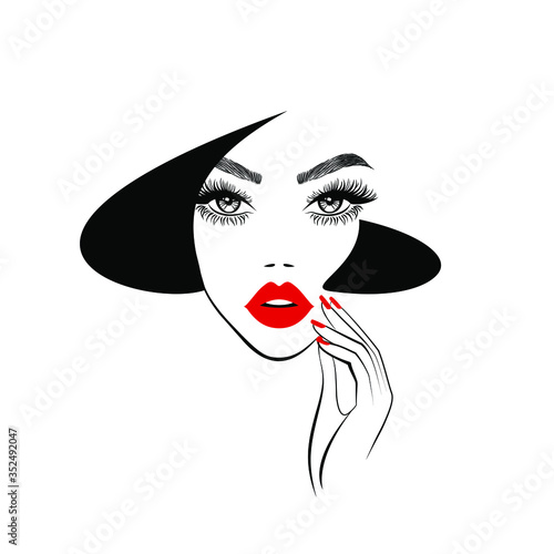 Beautiful woman face with black lips, lush eyelashes, hand with black manicure nails, black hair, stylish hairstyle. Beauty Logo. Nail art studio. Wallpaper background. Vector illustration.