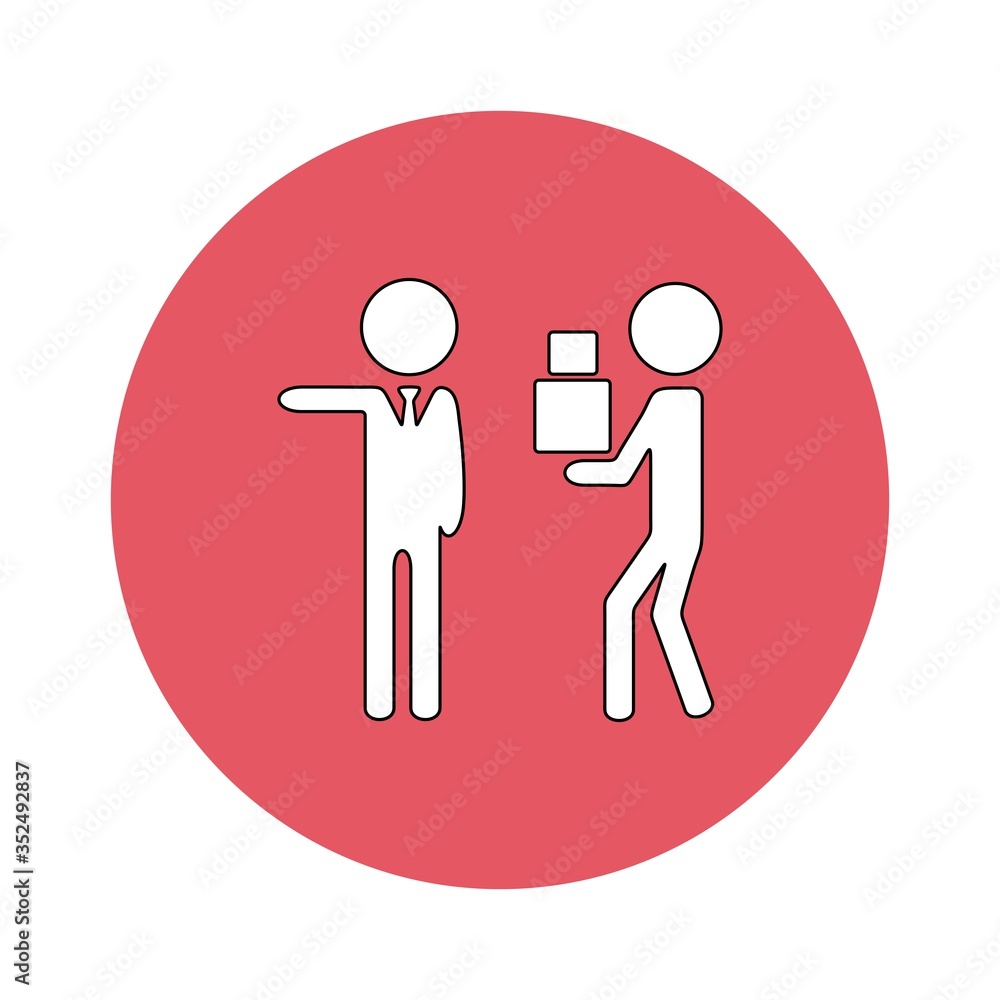 Illustration of employee kicked out of company. Boss firing worker sign. Layoff symbol for modern business concept and web, mobile design. Illustration of employee kicked out of company. Boss firing worker sign. Layoff symbol for modern business concept and web, mobile design.