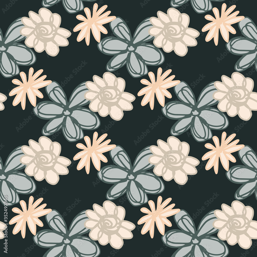 Geomerical seamless pattern with hand drawn flowers on black background. Floral endless wallpaper.