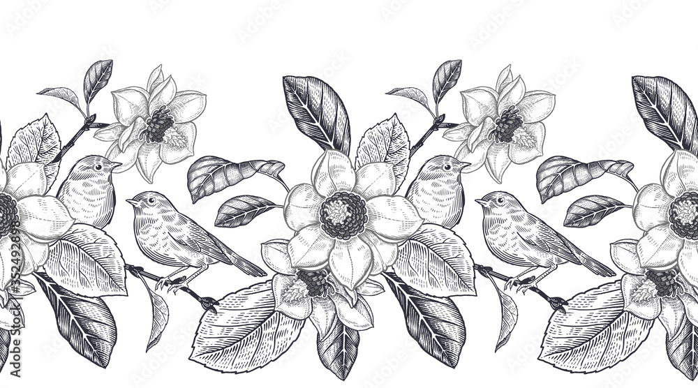 Black and white seamless pattern border. Blooming magnolia tree and little cute birds. Black and white seamless pattern border. Blooming magnolia tree and little cute birds.
