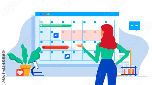 Make an appointment with an online doctor. On the calendar selects date. calendar. work schedule, make an appointment online. Vector illustration for banner, landing page, app. Tele medicine