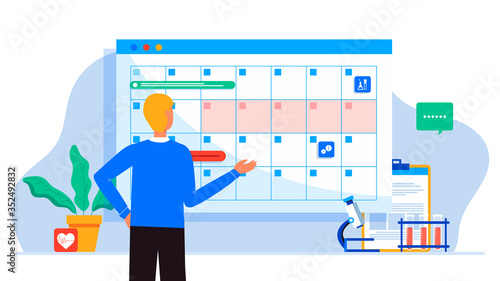 Make an appointment with an online doctor. On the calendar selects date. calendar. work schedule, make an appointment online. Vector illustration for banner, landing page, app. Tele medicine