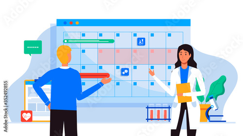 Make an appointment with an online doctor. On the calendar selects date. calendar. work schedule, make an appointment online. Vector illustration for banner, landing page, app. Tele medicine