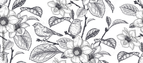 Black and white seamless pattern. Blooming magnolia tree and little cute birds.