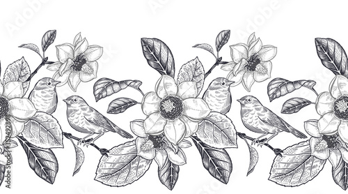 Black and white seamless pattern border. Blooming magnolia tree and little cute birds.
