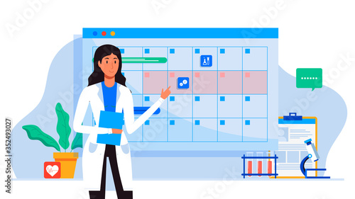 Make an appointment with an online doctor. On the calendar selects date. calendar. work schedule, make an appointment online. Vector illustration for banner, landing page, app. Tele medicine