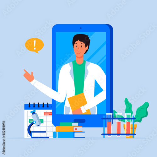Smartphone screen with therapist on chat in messenger and an online consultation. Vector flat illustration. Ask doctor. Online medical advise or consultation service, tele medicine, cardiology