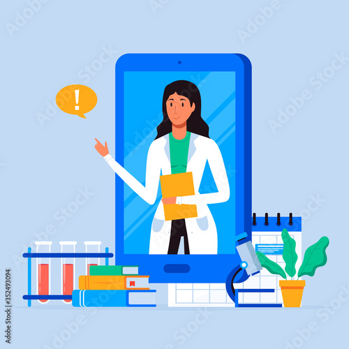 Smartphone screen with therapist on chat in messenger and an online consultation. Vector flat illustration. Ask doctor. Online medical advise or consultation service, tele medicine, cardiology