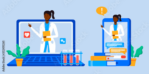 Online patient medical consultation and support chat set. Online doctor mobile app messenger. Healthcare services, Ask a doctor. Family doctor on the laptop and phone screen. Tele medicine banner.