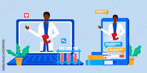 Online patient medical consultation and support chat set. Online doctor mobile app messenger. Healthcare services, Ask a doctor. Family doctor on the laptop and phone screen. Tele medicine banner.