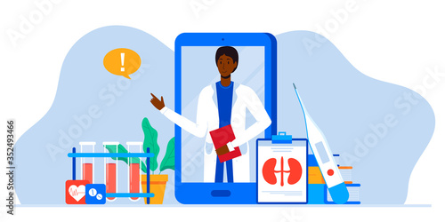 Kidney treatment. Healthcare, Medical research. Urology and nephrology. nephroptosis, renal failure, stones, cystitis. For website, app, banner, flyer. Tele medicine. Doctor on mobile phone screen
