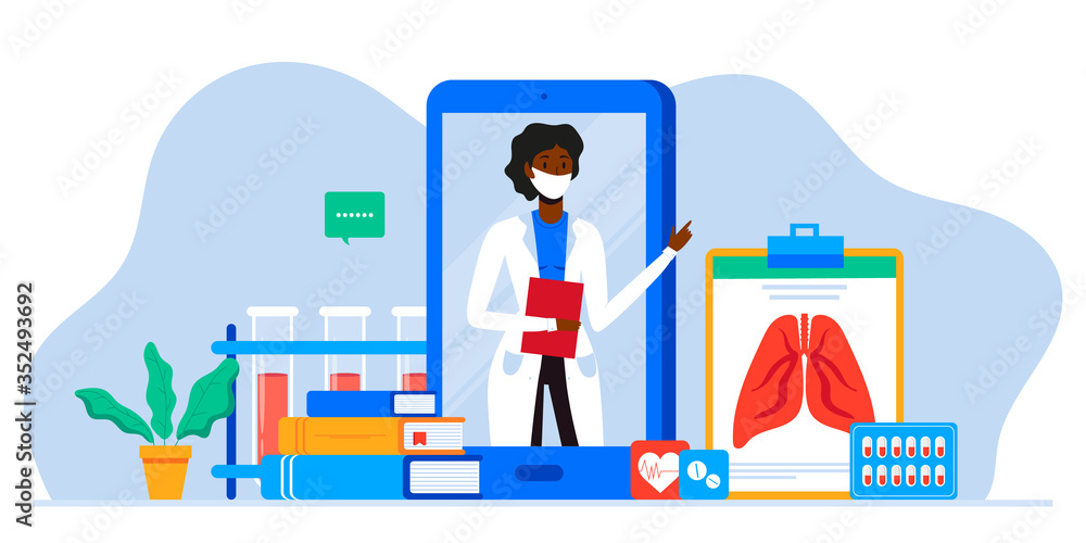 Lung inspection. Pulmonology of human vector illustration for website, app, banner. Fibrosis, virus, tuberculosis, pneumonia, cancer, lung diagnosis doctors treat. Doctor on mobile phone screen