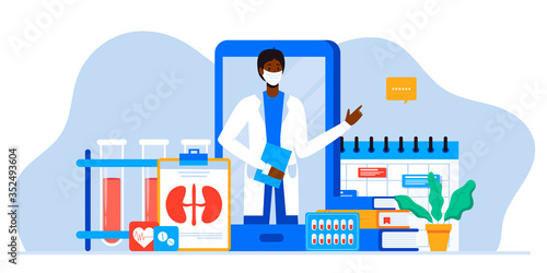 Kidney treatment. Healthcare, Medical research. Urology and nephrology. nephroptosis, renal failure, stones, cystitis. For website, app, banner, flyer. Tele medicine. Doctor on mobile phone screen