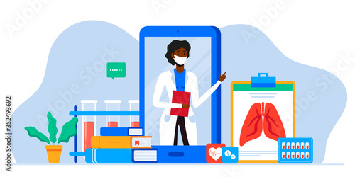 Lung inspection. Pulmonology of human vector illustration for website, app, banner. Fibrosis, virus, tuberculosis, pneumonia, cancer, lung diagnosis doctors treat. Doctor on mobile phone screen