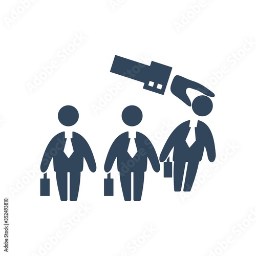 Illustration of employee kicked out of company. Boss firing worker sign. Layoff symbol for modern business concept and web, mobile design.