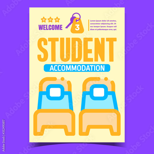 Student Accommodation Creative Promo Poster Vector. Bed With Mattress And Pillow In College Room For Student And Door Key Advertising Banner. Concept Template Stylish Colorful Illustration