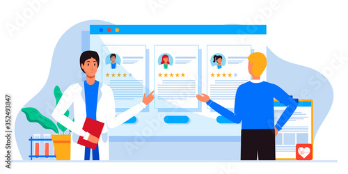 Young patient chooses a therapist with rating on web site. Planning, treatment of diseases, maintaining health. For sites, banner. Online doctor, tele medicine. Hospital or medical clinic staff