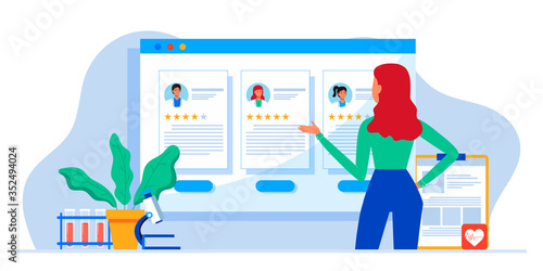 Young patient chooses a therapist with rating on web site. Planning, treatment of diseases, maintaining health. For sites, banner. Online doctor, tele medicine. Hospital or medical clinic staff