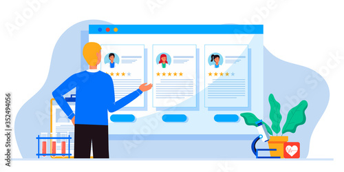 Young patient chooses a therapist with rating on web site. Planning, treatment of diseases, maintaining health. For sites, banner. Online doctor, tele medicine. Hospital or medical clinic staff
