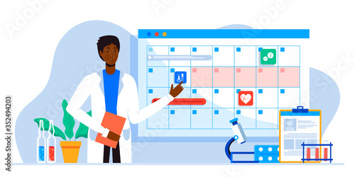 Make an appointment with an online doctor. On the calendar selects date. calendar. work schedule, make an appointment online. Vector illustration for banner, landing page, app. Tele medicine